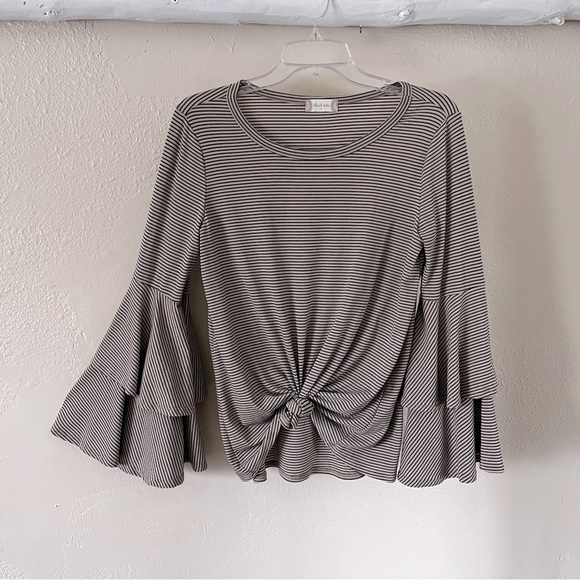 Altar’d State | Tan Black Striped Tiered Ruffled Bell Sleeve Top, Small - Picture 1 of 6